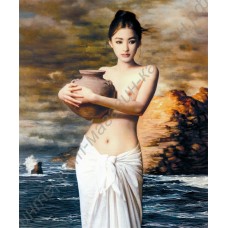 Портрет: обнаженная девушка на пляже, выполненный маслом на холсте